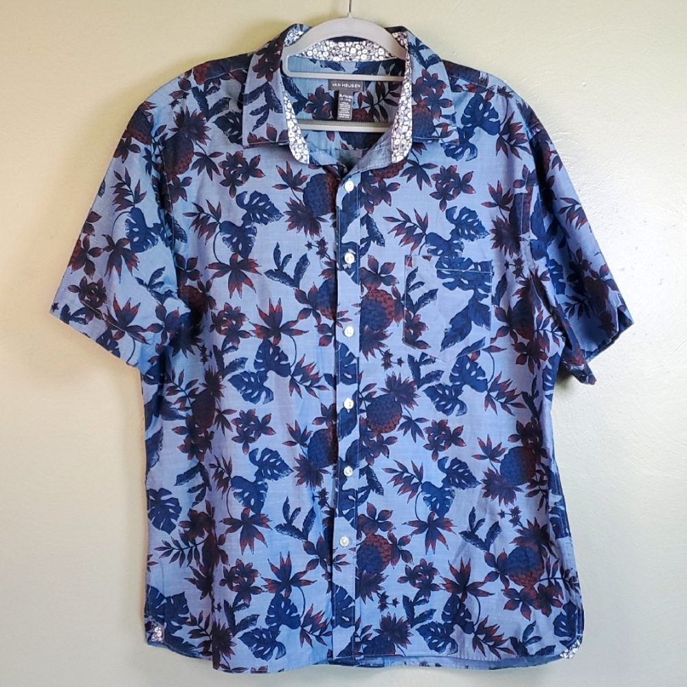 NWOT Van Huesen Mens Blue And Burgundy Pineapple Floral Shirt. XL